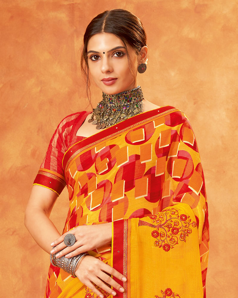 Vishal Prints Orange Chiffon Saree With Embroidery Work And Zari Border