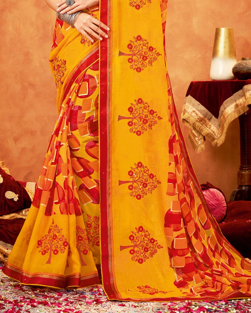 Vishal Prints Orange Chiffon Saree With Embroidery Work And Zari Border