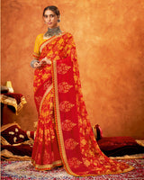 Vishal Prints Dark Red Chiffon Saree With Embroidery Work And Zari Border