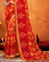 Vishal Prints Dark Red Chiffon Saree With Embroidery Work And Zari Border