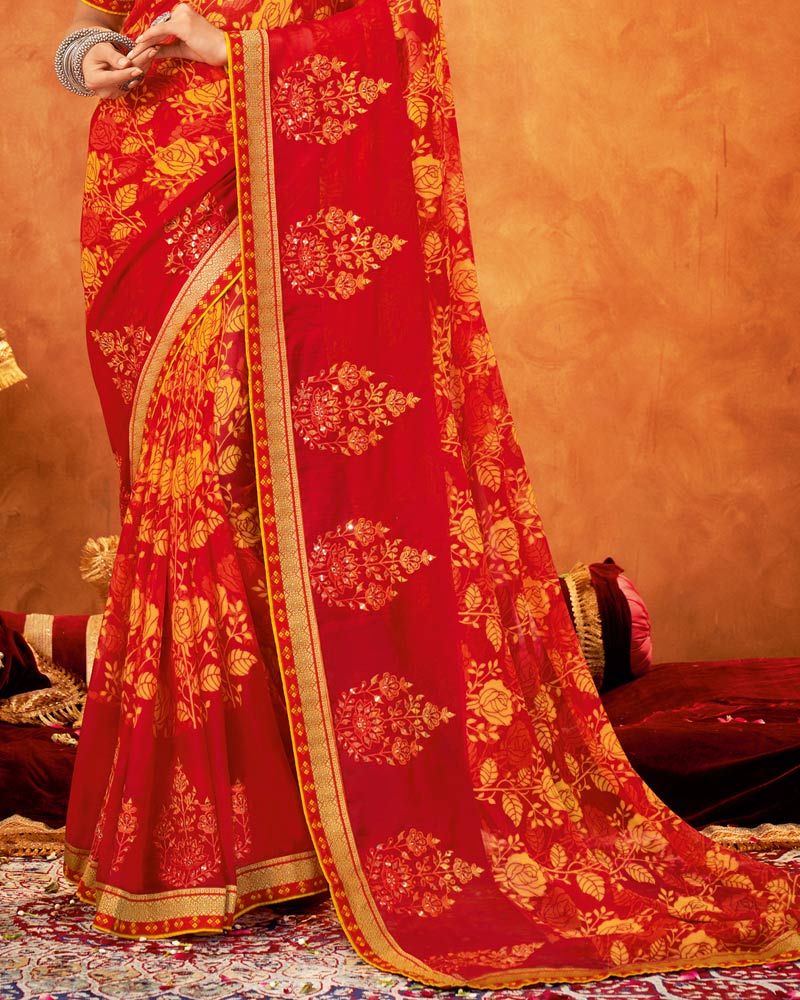 Vishal Prints Dark Red Chiffon Saree With Embroidery Work And Zari Border
