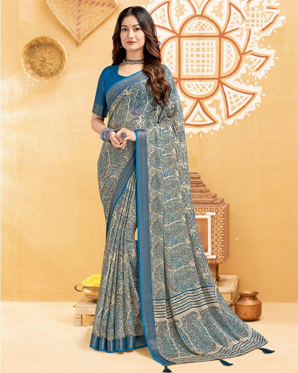 Vishal Prints Oslo Grey Digital Print Criva Crepe Saree With Weaved Viscose Patta And Tassel