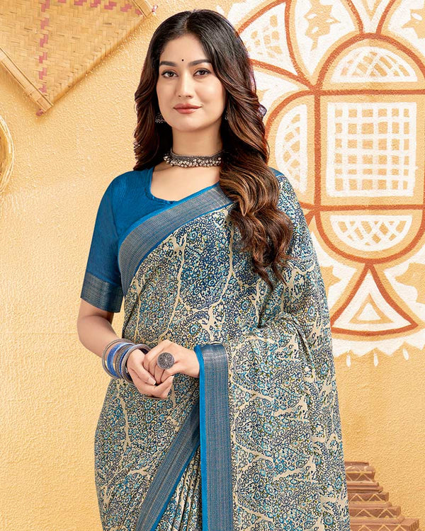 Vishal Prints Oslo Grey Digital Print Criva Crepe Saree With Weaved Viscose Patta And Tassel