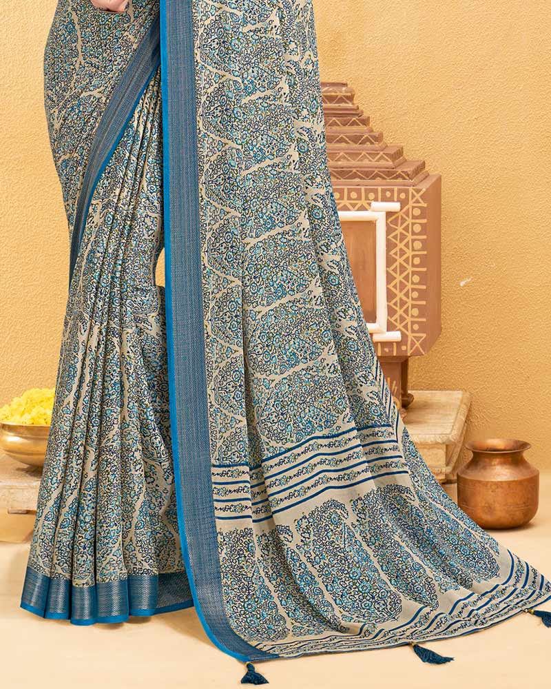 Vishal Prints Oslo Grey Digital Print Criva Crepe Saree With Weaved Viscose Patta And Tassel