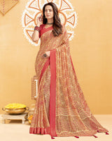 Vishal Prints Pastel Red Digital Print Criva Crepe Saree With Weaved Viscose Patta And Tassel