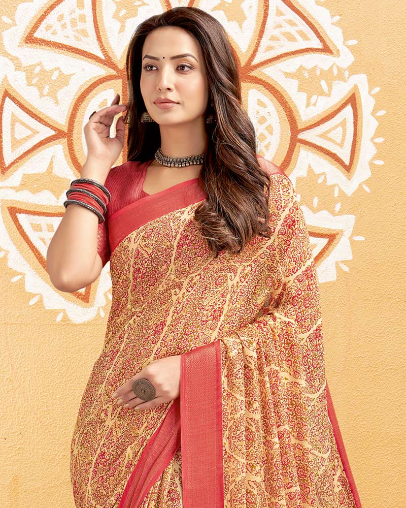 Vishal Prints Pastel Red Digital Print Criva Crepe Saree With Weaved Viscose Patta And Tassel