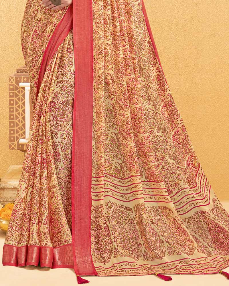 Vishal Prints Pastel Red Digital Print Criva Crepe Saree With Weaved Viscose Patta And Tassel