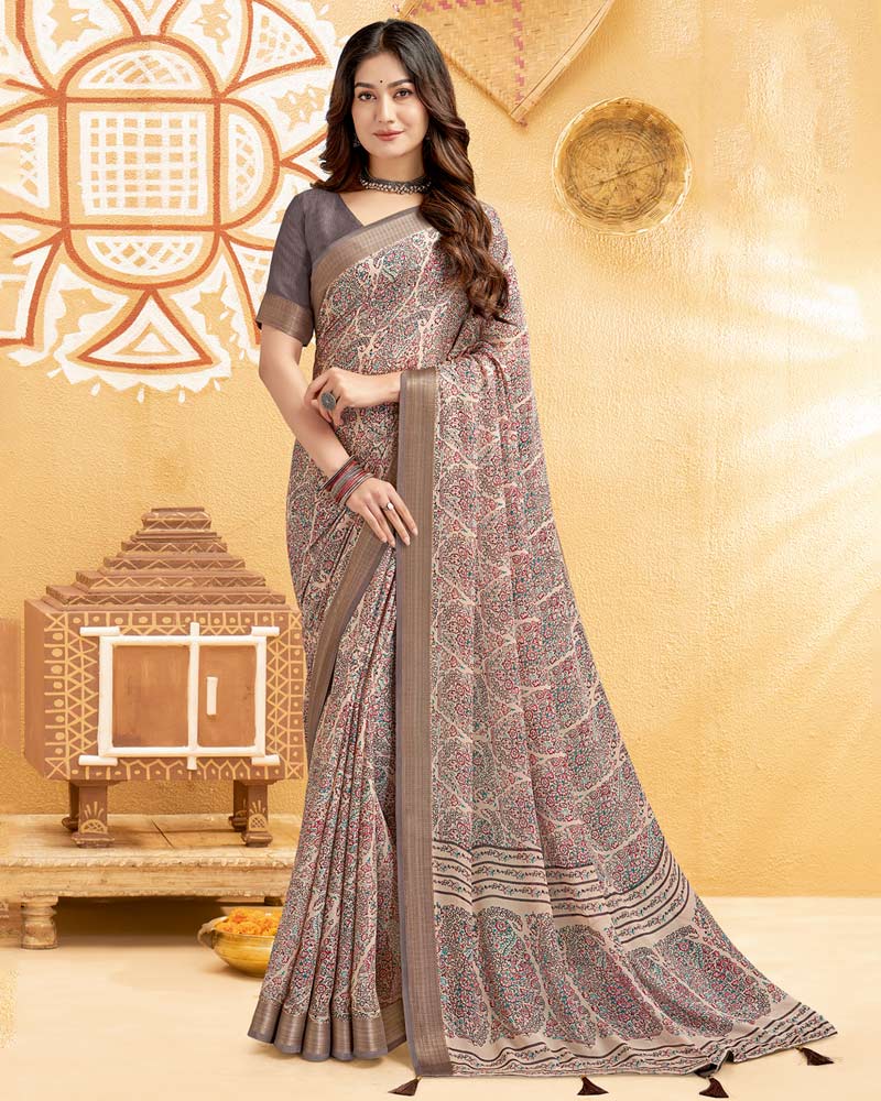 Vishal Prints Light Brown Digital Print Criva Crepe Saree With Weaved Viscose Patta And Tassel