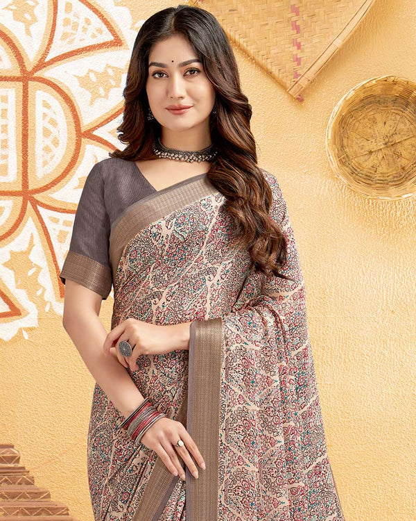 Vishal Prints Light Brown Digital Print Criva Crepe Saree With Weaved Viscose Patta And Tassel