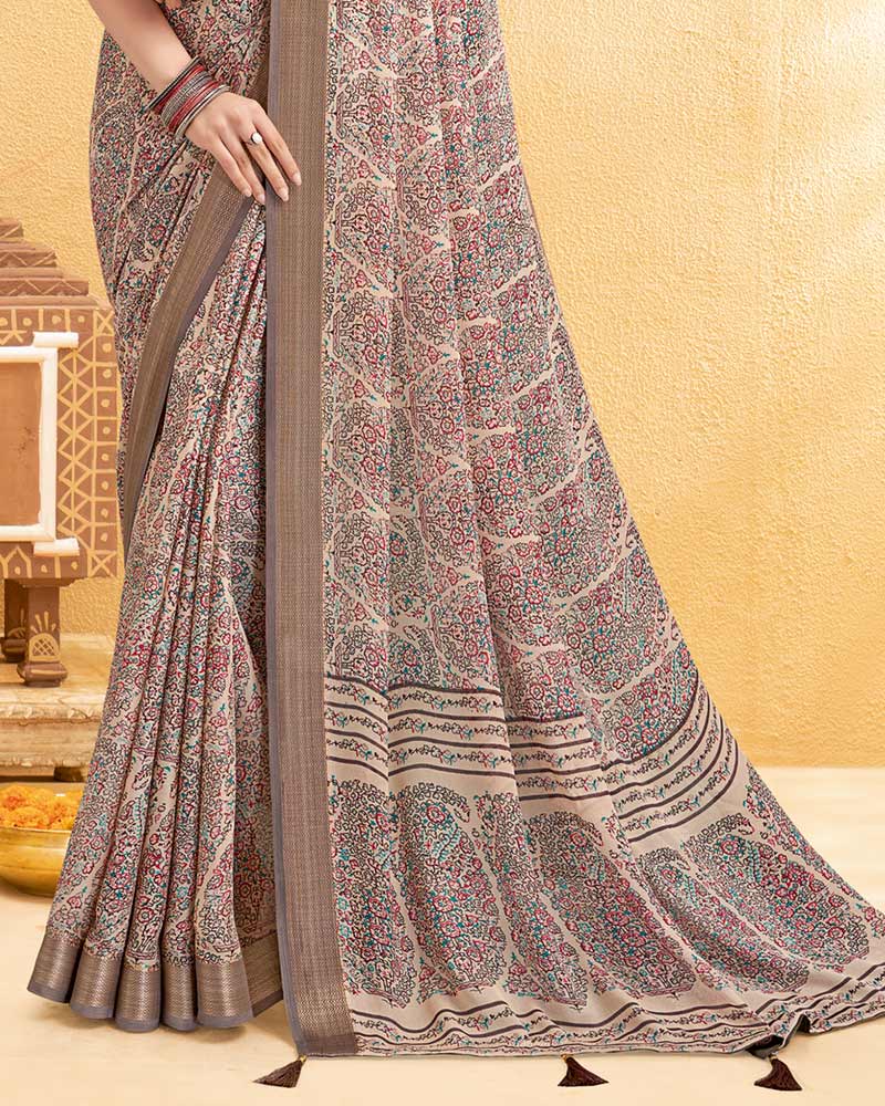 Vishal Prints Light Brown Digital Print Criva Crepe Saree With Weaved Viscose Patta And Tassel