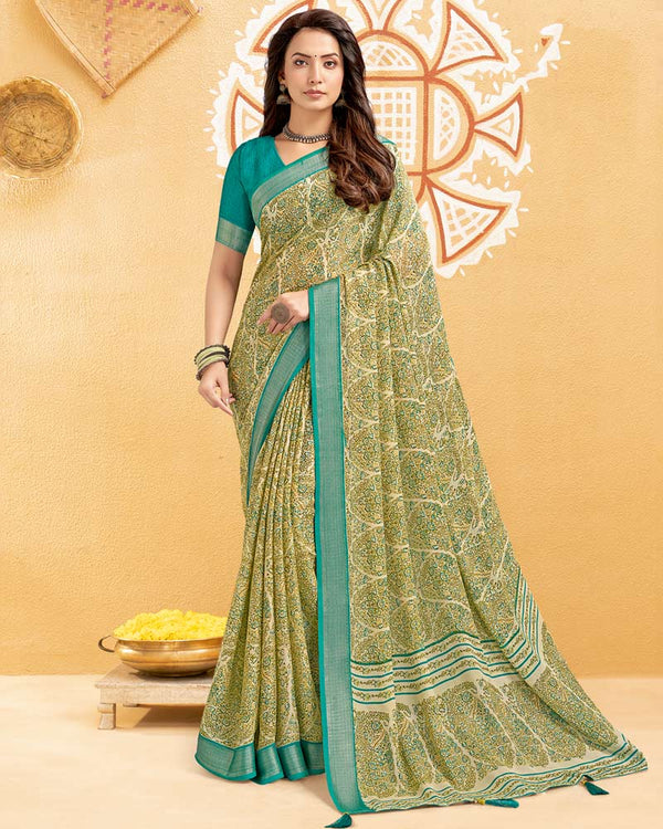 Vishal Prints Moss Green Digital Print Criva Crepe Saree With Weaved Viscose Patta And Tassel