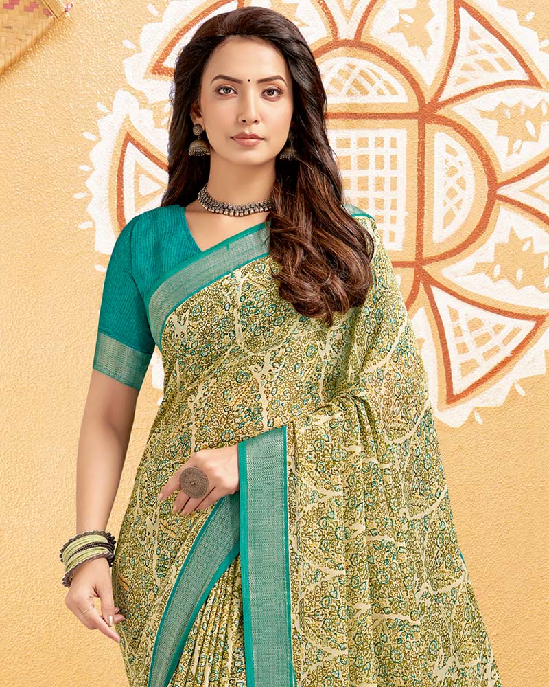 Vishal Prints Moss Green Digital Print Criva Crepe Saree With Weaved Viscose Patta And Tassel