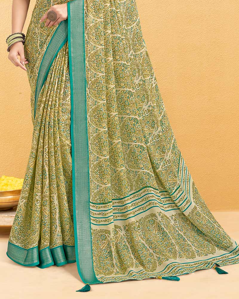 Vishal Prints Moss Green Digital Print Criva Crepe Saree With Weaved Viscose Patta And Tassel