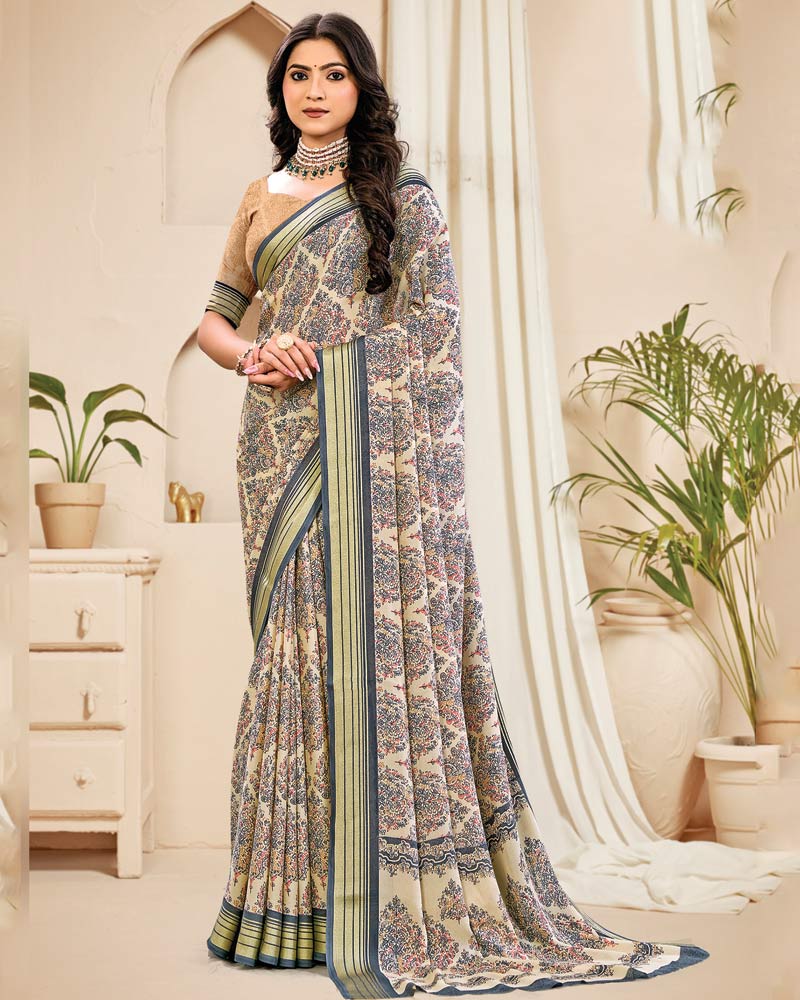 Vishal Prints Spanish White And Davy Grey Digital Print Criva Crepe Saree With Weaved Viscose Patta