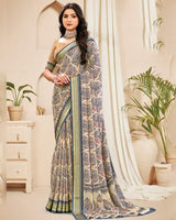 Vishal Prints Spanish White And Davy Grey Digital Print Criva Crepe Saree With Weaved Viscose Patta