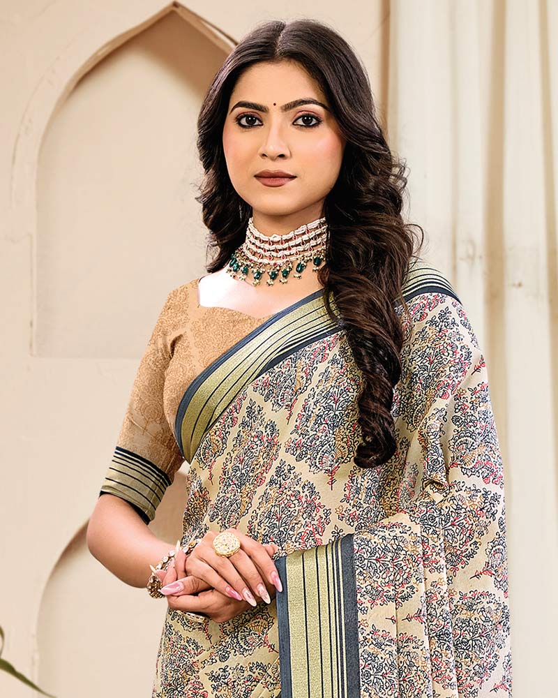 Vishal Prints Spanish White And Davy Grey Digital Print Criva Crepe Saree With Weaved Viscose Patta