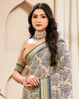 Vishal Prints Spanish White And Davy Grey Digital Print Criva Crepe Saree With Weaved Viscose Patta