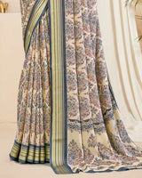 Vishal Prints Spanish White And Davy Grey Digital Print Criva Crepe Saree With Weaved Viscose Patta