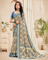 Vishal Prints Spanish White And Marble Blue Digital Print Criva Crepe Saree With Weaved Viscose Patta