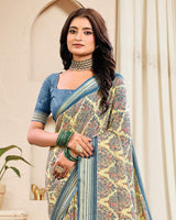 Vishal Prints Spanish White And Marble Blue Digital Print Criva Crepe Saree With Weaved Viscose Patta