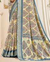 Vishal Prints Spanish White And Marble Blue Digital Print Criva Crepe Saree With Weaved Viscose Patta