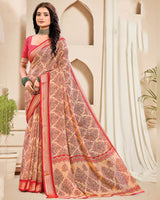 Vishal Prints Dark Salmon And Ferrari Red Digital Print Criva Crepe Saree With Weaved Viscose Patta