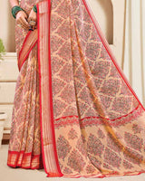 Vishal Prints Dark Salmon And Ferrari Red Digital Print Criva Crepe Saree With Weaved Viscose Patta