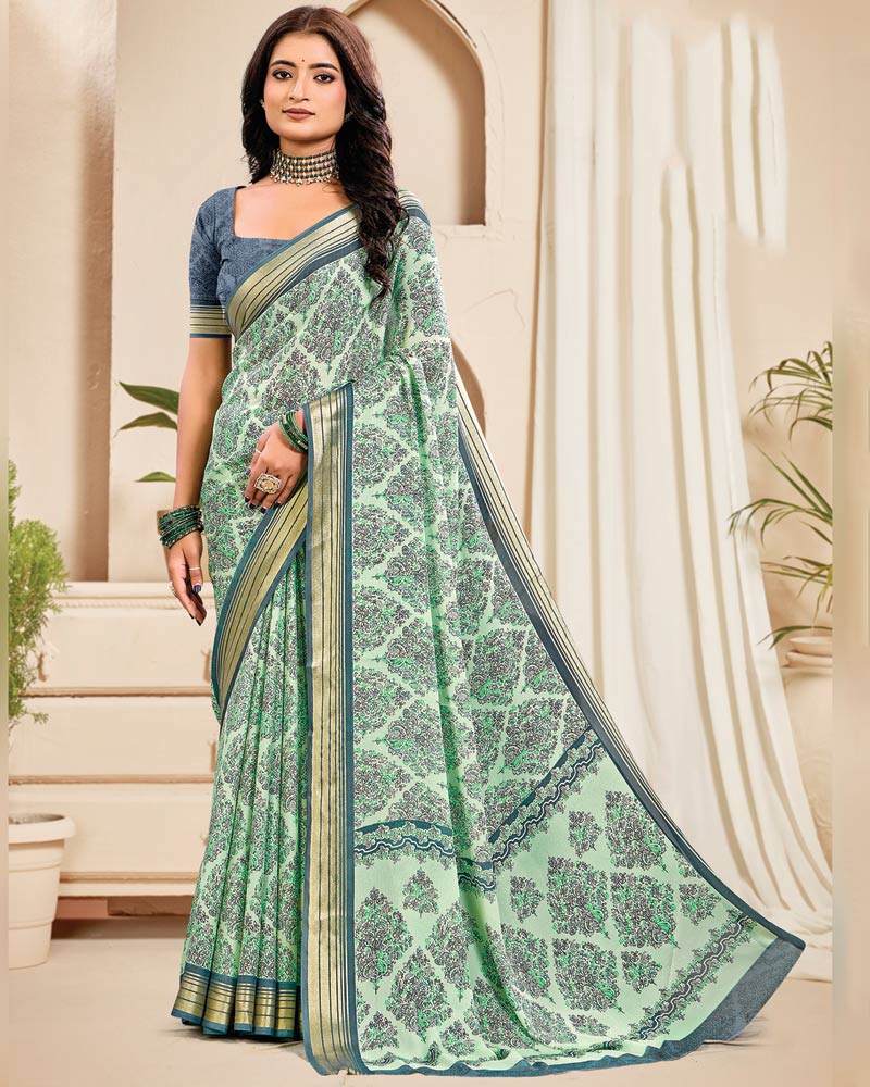 Vishal Prints Pastel Green Digital Print Criva Crepe Saree With Weaved Viscose Patta