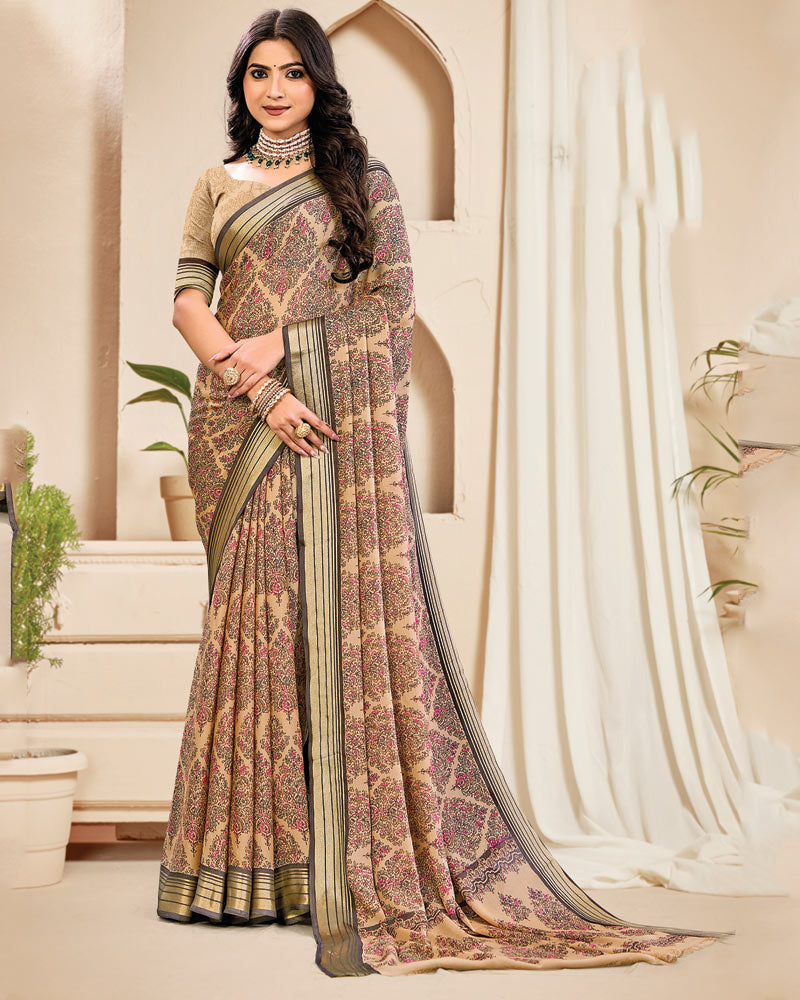 Vishal Prints Dark Pastel Orange Digital Print Criva Crepe Saree With Weaved Viscose Patta