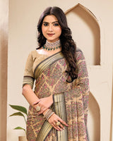 Vishal Prints Dark Pastel Orange Digital Print Criva Crepe Saree With Weaved Viscose Patta