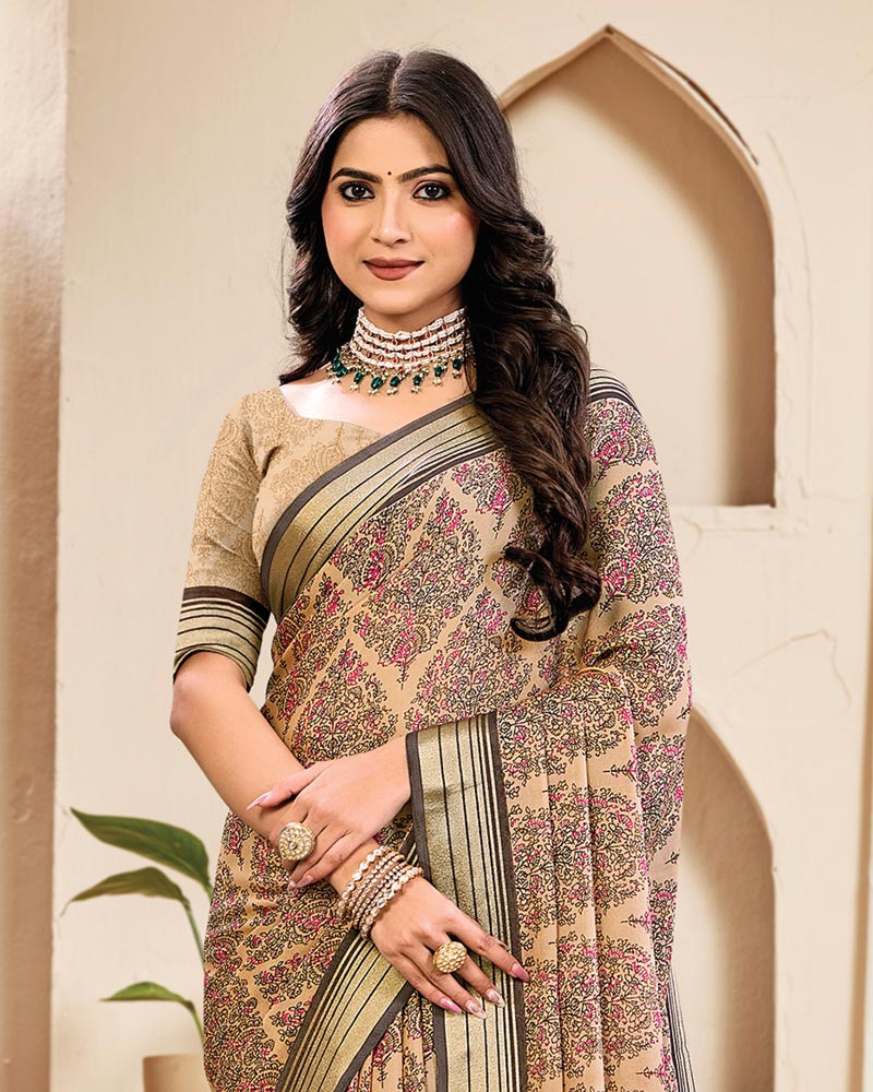 Vishal Prints Dark Pastel Orange Digital Print Criva Crepe Saree With Weaved Viscose Patta