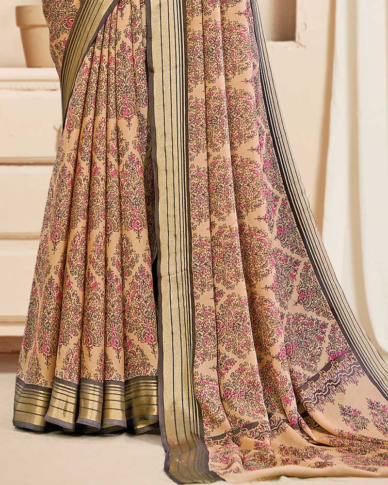 Vishal Prints Dark Pastel Orange Digital Print Criva Crepe Saree With Weaved Viscose Patta
