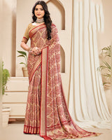 Vishal Prints Pastel Orange And Crimson Red Digital Print Criva Crepe Saree With Weaved Viscose Patta