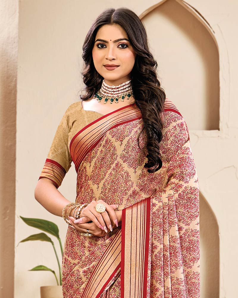 Vishal Prints Pastel Orange And Crimson Red Digital Print Criva Crepe Saree With Weaved Viscose Patta