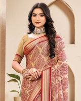 Vishal Prints Pastel Orange And Crimson Red Digital Print Criva Crepe Saree With Weaved Viscose Patta