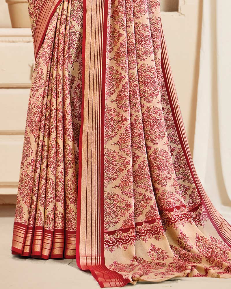Vishal Prints Pastel Orange And Crimson Red Digital Print Criva Crepe Saree With Weaved Viscose Patta