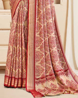 Vishal Prints Pastel Orange And Crimson Red Digital Print Criva Crepe Saree With Weaved Viscose Patta