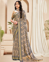 Vishal Prints Pastel Orange And Charcoal Grey Digital Print Criva Crepe Saree With Weaved Viscose Patta