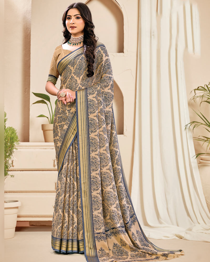 Vishal Prints Pastel Orange And Charcoal Grey Digital Print Criva Crepe Saree With Weaved Viscose Patta