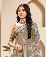 Vishal Prints Pastel Orange And Charcoal Grey Digital Print Criva Crepe Saree With Weaved Viscose Patta