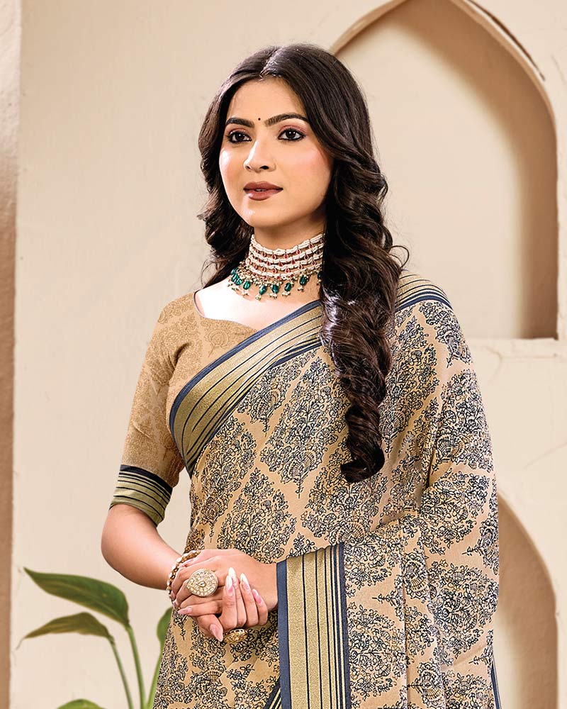 Vishal Prints Pastel Orange And Charcoal Grey Digital Print Criva Crepe Saree With Weaved Viscose Patta