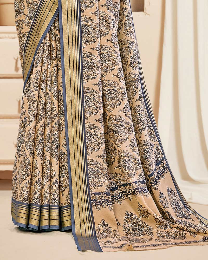 Vishal Prints Pastel Orange And Charcoal Grey Digital Print Criva Crepe Saree With Weaved Viscose Patta