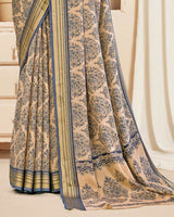 Vishal Prints Pastel Orange And Charcoal Grey Digital Print Criva Crepe Saree With Weaved Viscose Patta