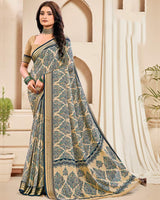 Vishal Prints Pastel Orange And Nile Blue Digital Print Criva Crepe Saree With Weaved Viscose Patta