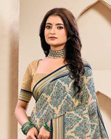 Vishal Prints Pastel Orange And Nile Blue Digital Print Criva Crepe Saree With Weaved Viscose Patta