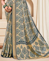 Vishal Prints Pastel Orange And Nile Blue Digital Print Criva Crepe Saree With Weaved Viscose Patta