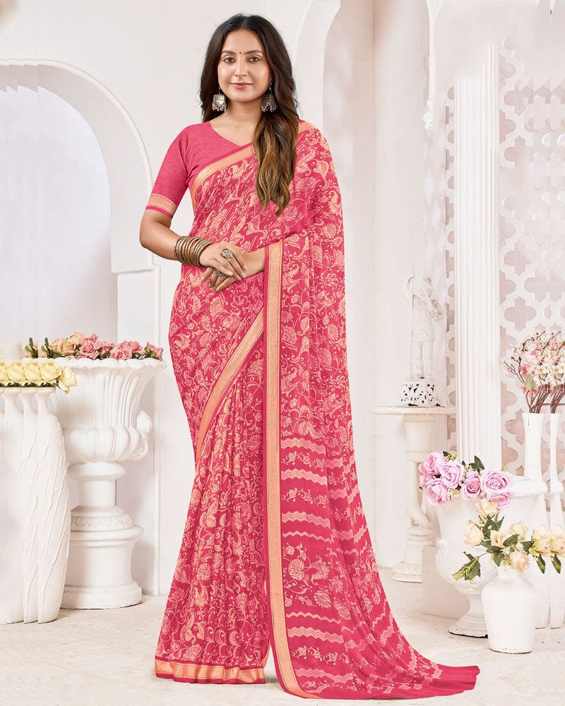 Vishal Prints Mandy Pink Criva Crepe Digital Print Saree With Weaved Viscose Patta