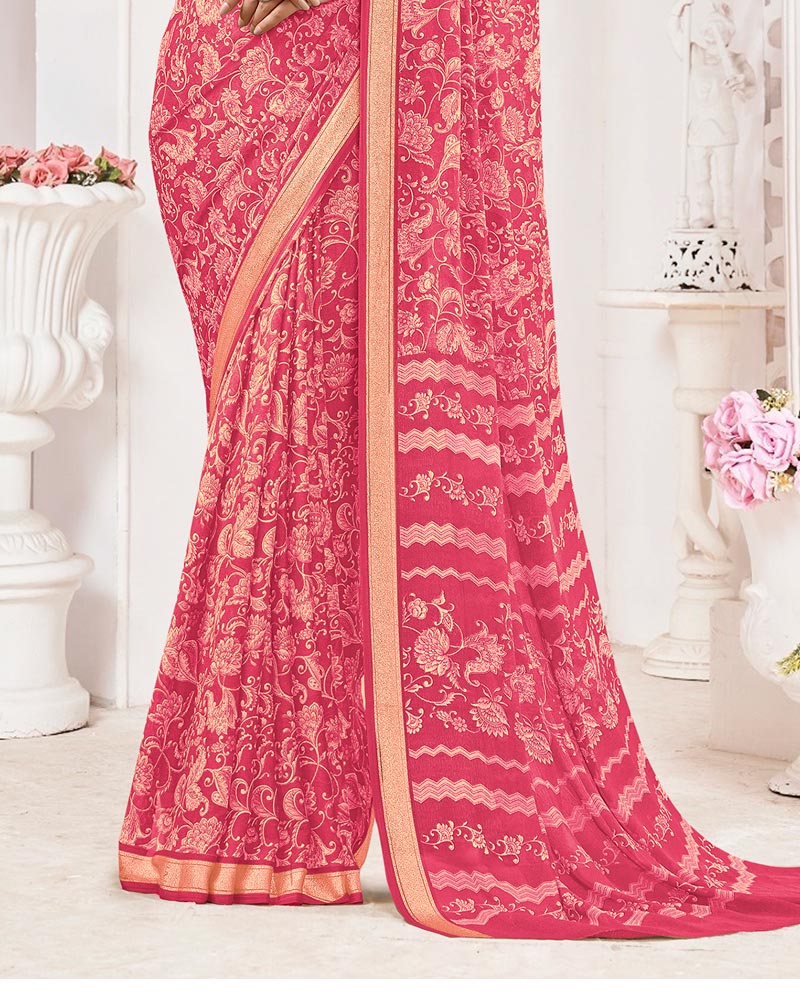 Vishal Prints Mandy Pink Criva Crepe Digital Print Saree With Weaved Viscose Patta