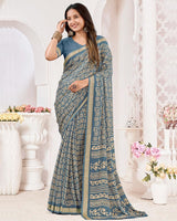Vishal Prints Bluish Grey Criva Crepe Digital Print Saree With Weaved Viscose Patta