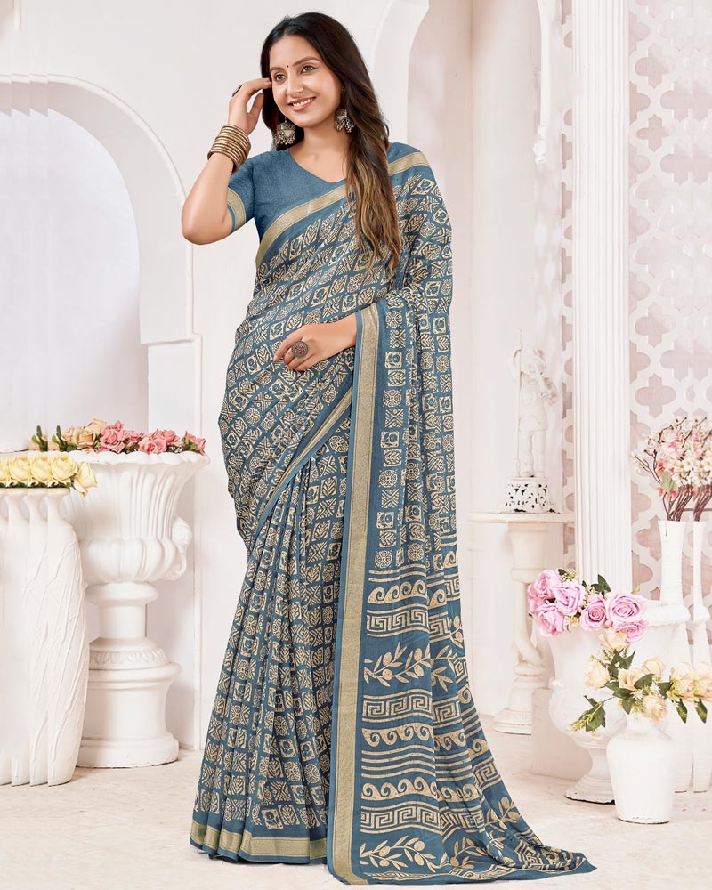 Vishal Prints Bluish Grey Criva Crepe Digital Print Saree With Weaved Viscose Patta